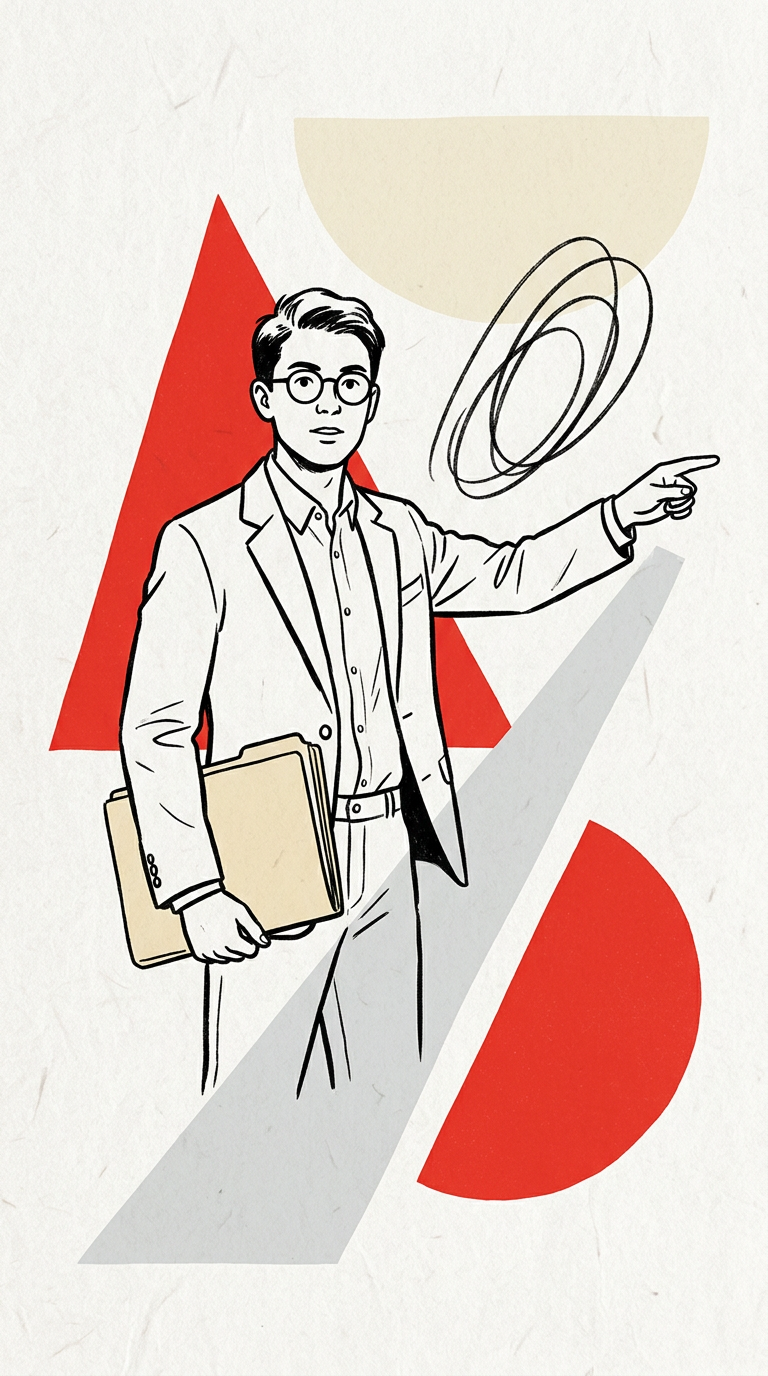Illustration of a consultant in round glasses pointing, with a folder under his arm, in front of red and grey geometric shapes