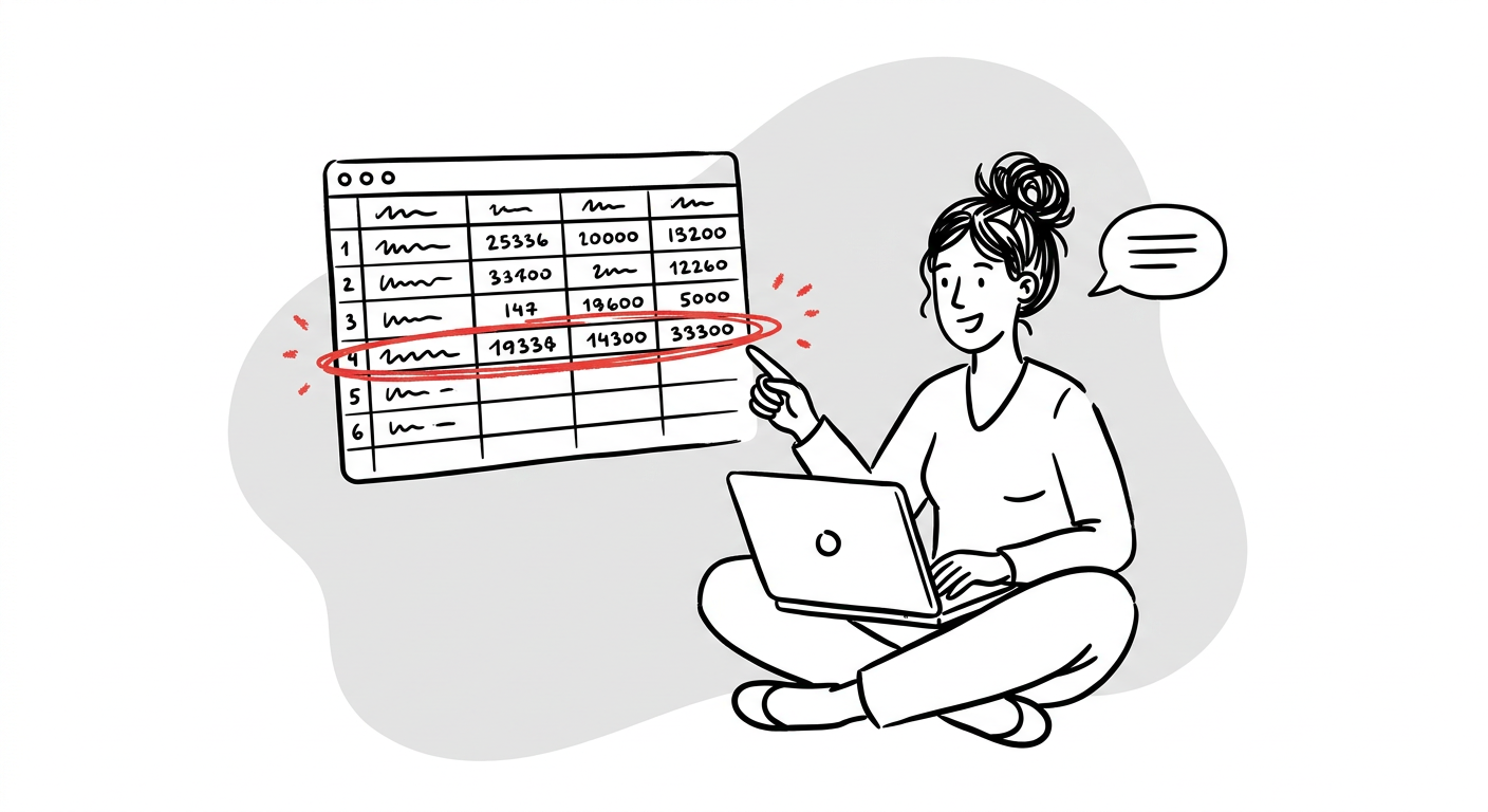 Line drawing of a consultant on the floor with a laptop, pointing at a ledger table with one row circled in red