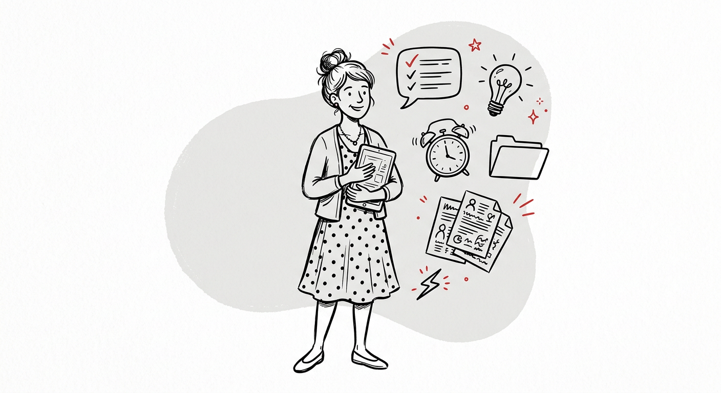 Line drawing of a consultant holding a tablet, surrounded by a speech bubble with ticks, a lightbulb, a clock, a folder and sheets of paper